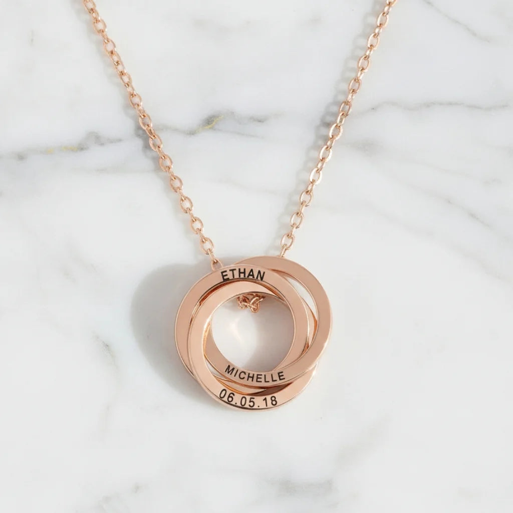 Personalized Engraved Russian Ring Necklace: Sterling Silver or Gold Vermeil, 3-5 Interlocking Circles