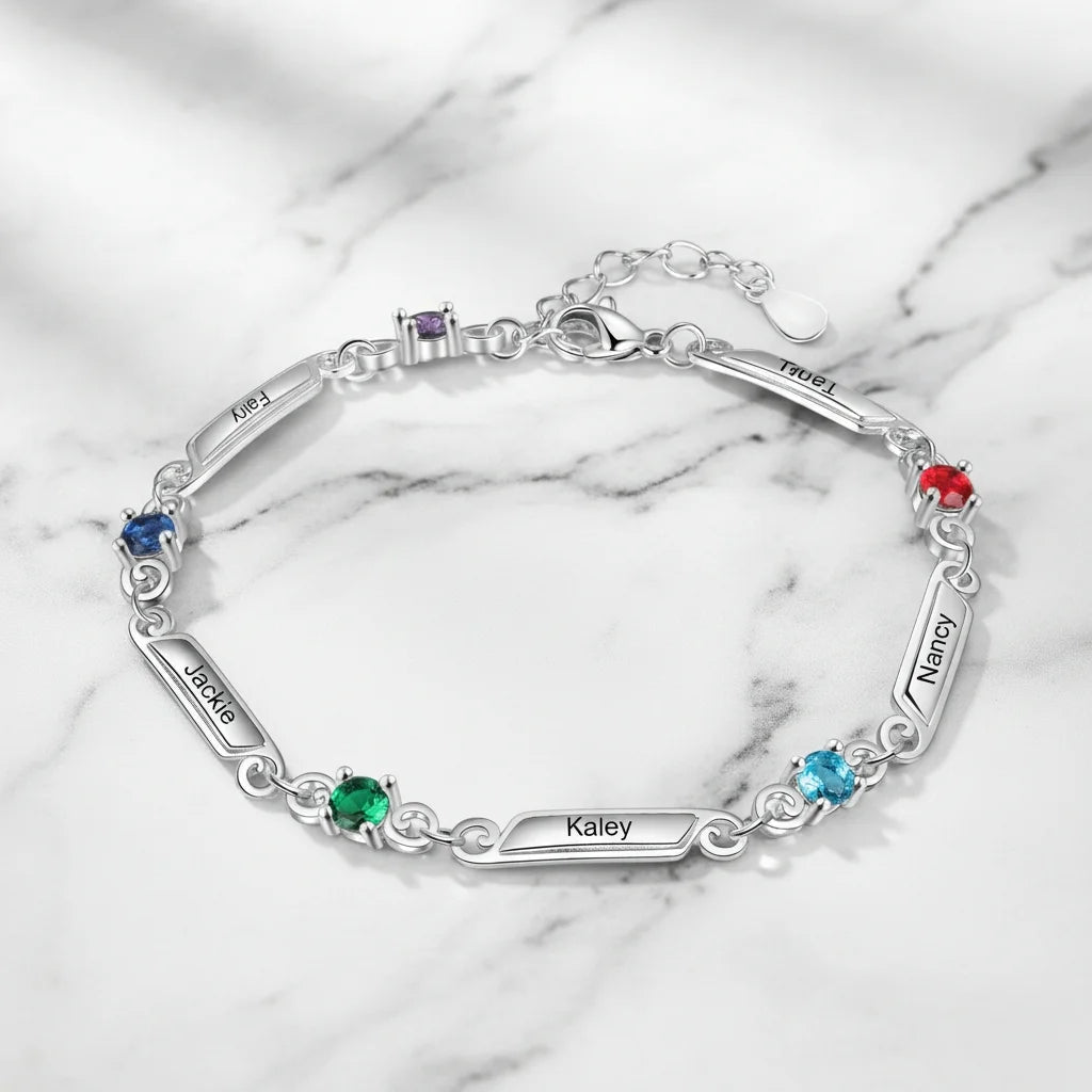 Personalized Family Birthstone & Engraved Name Bar Bracelet