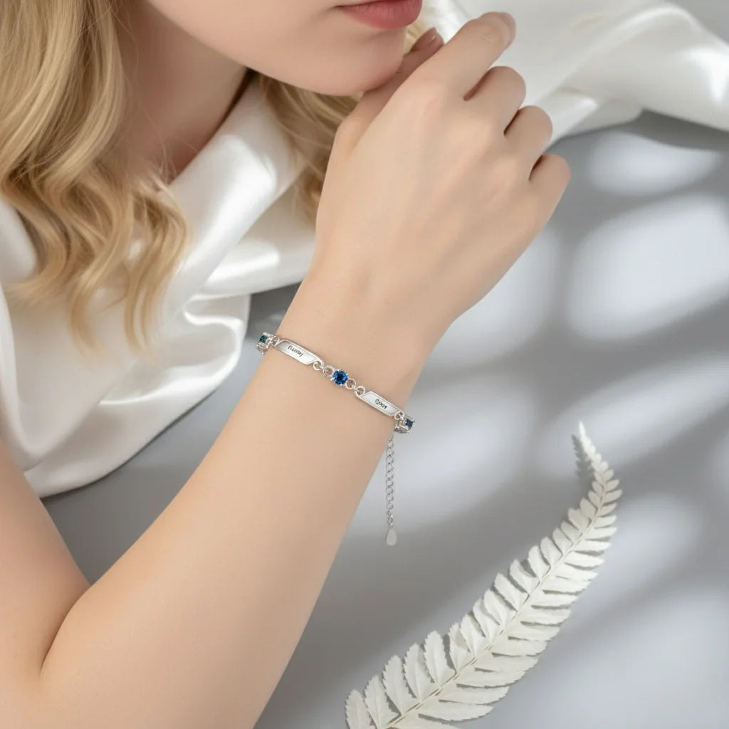 Personalized Family Birthstone & Engraved Name Bar Bracelet