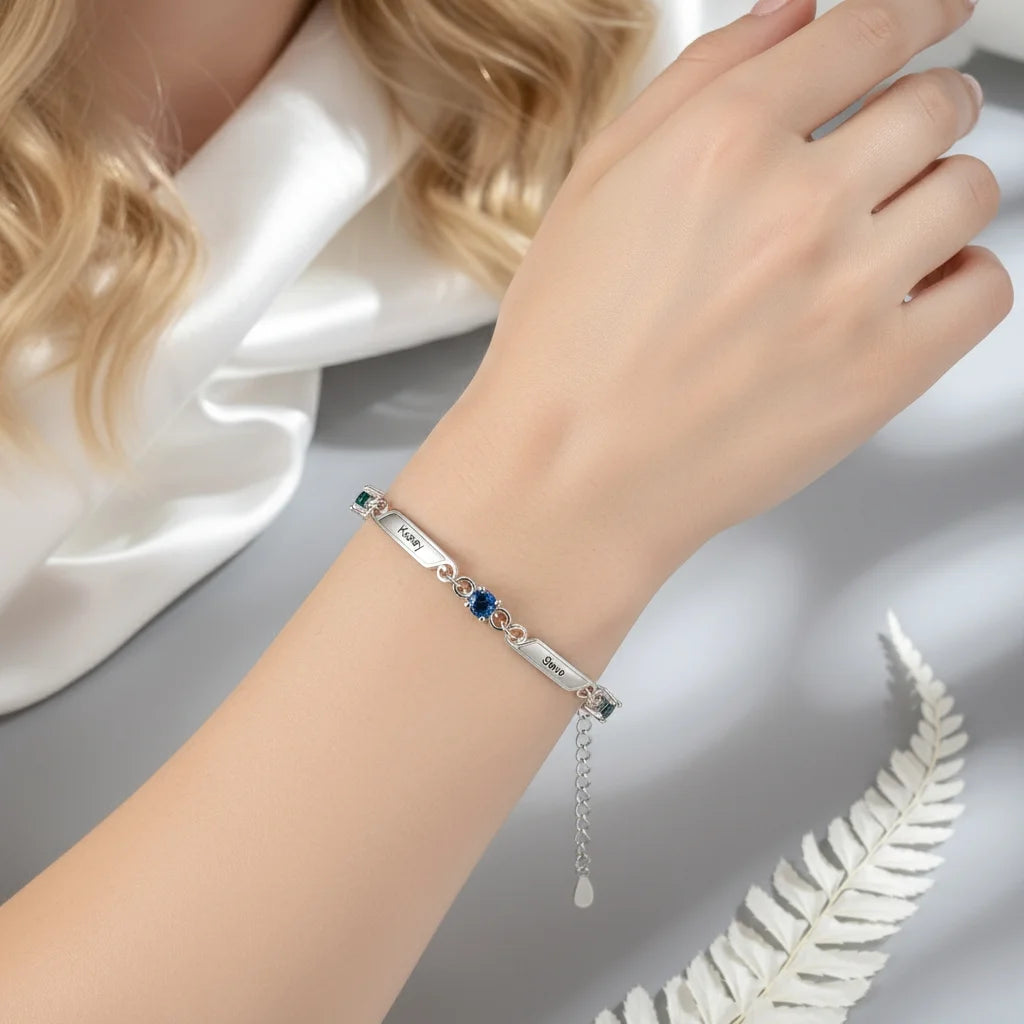 Personalized Family Birthstone & Engraved Name Bar Bracelet