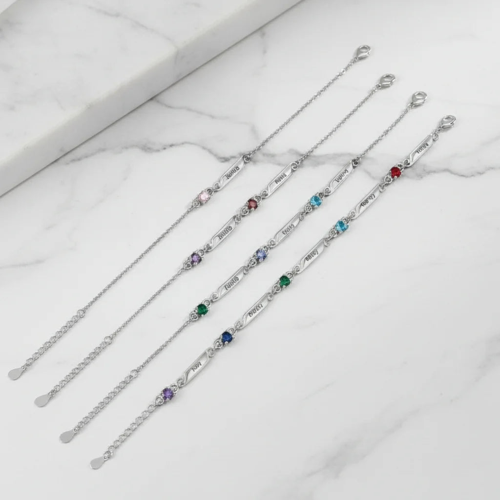 Personalized Family Birthstone & Engraved Name Bar Bracelet