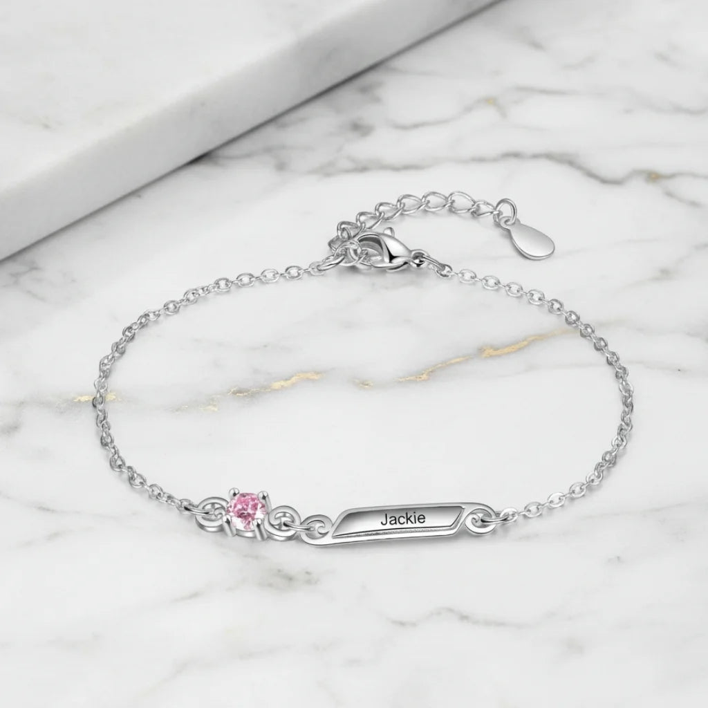 Personalized Family Birthstone & Engraved Name Bar Bracelet