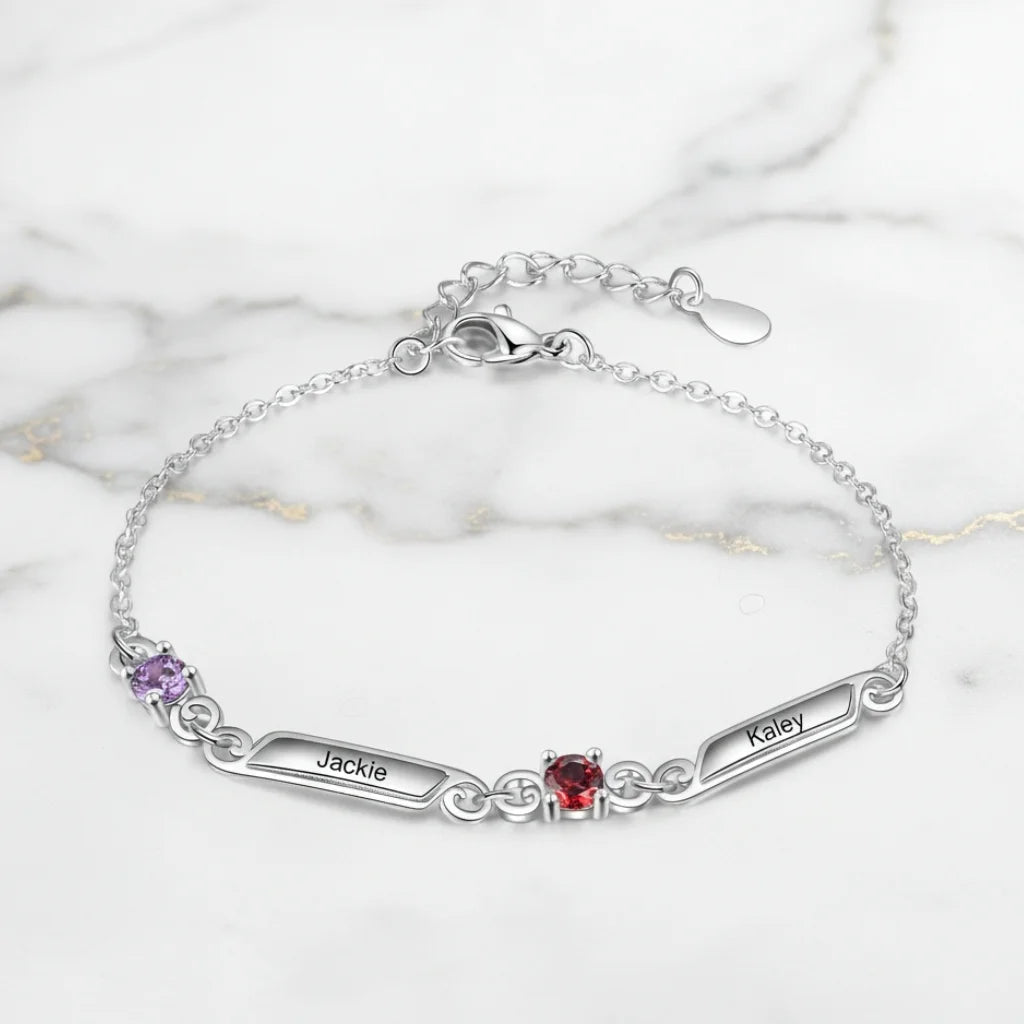 Personalized Family Birthstone & Engraved Name Bar Bracelet