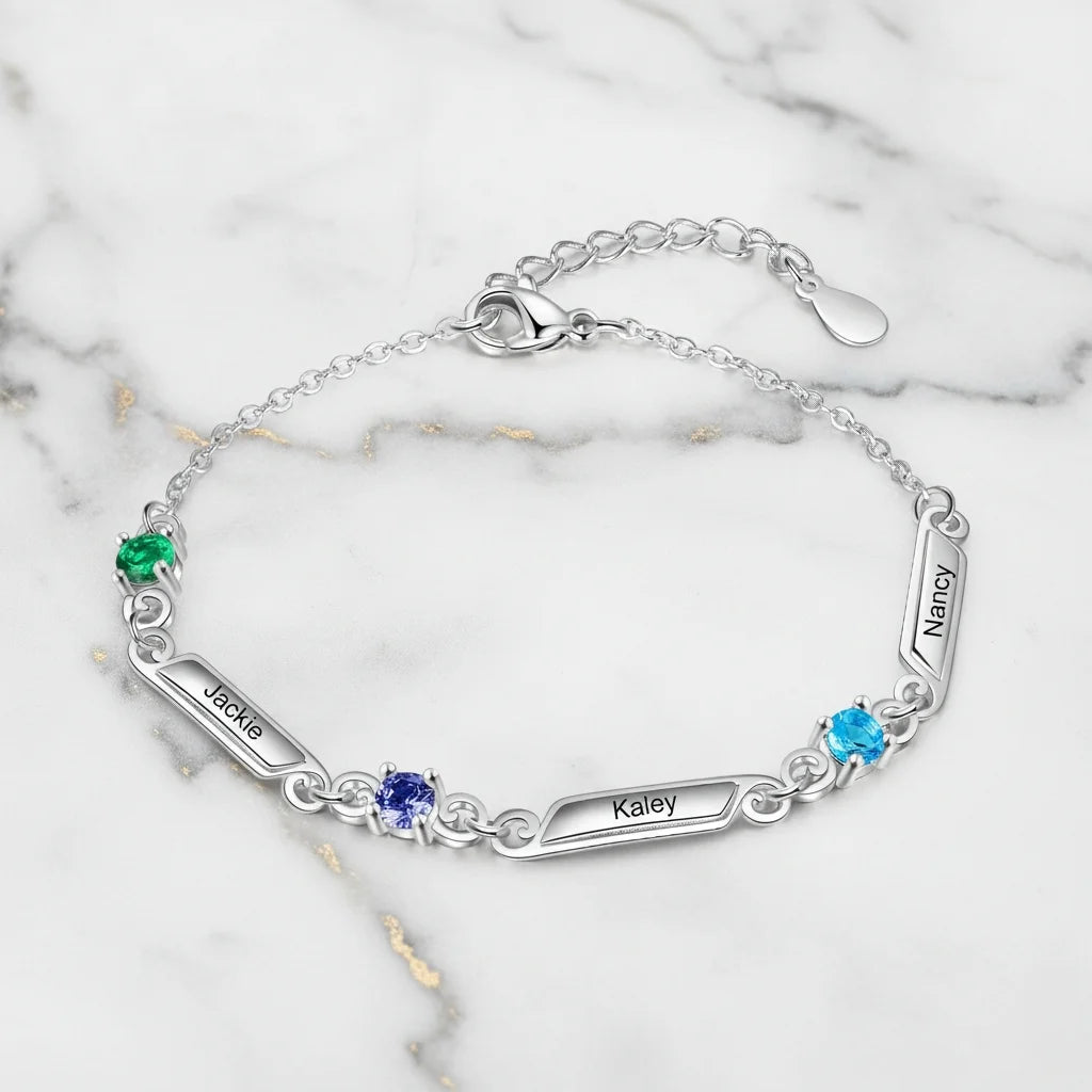 Personalized Family Birthstone & Engraved Name Bar Bracelet