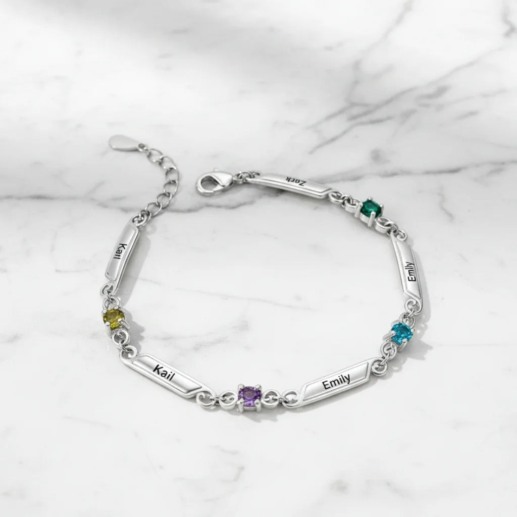 Personalized Family Birthstone & Engraved Name Bar Bracelet