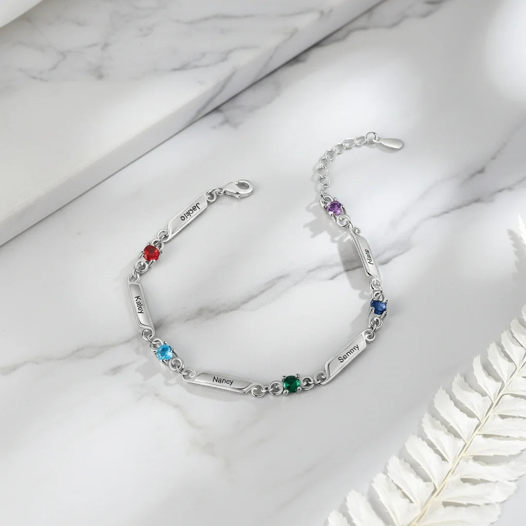 Personalized Family Birthstone & Engraved Name Bar Bracelet