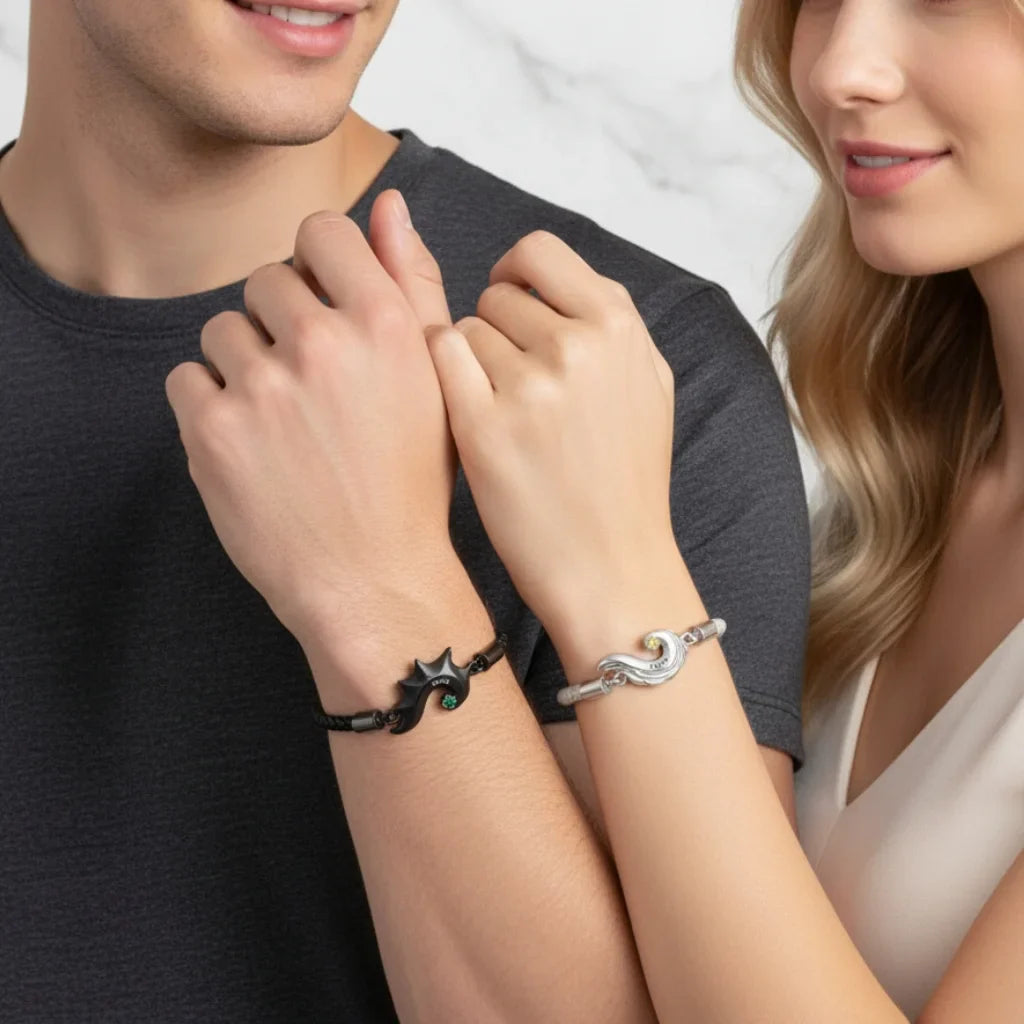 Personalized Half Heart Couple Bracelets | Custom Engraved Name Matching Set with Birthstones