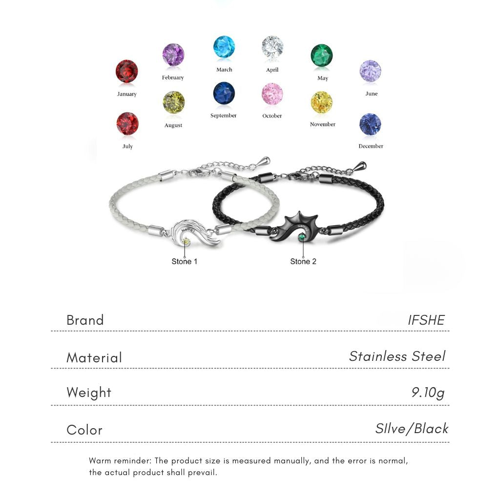 Personalized Half Heart Couple Bracelets | Custom Engraved Name Matching Set with Birthstones