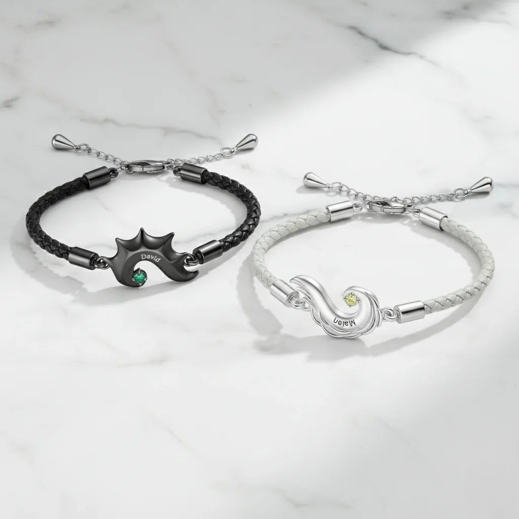 Personalized Half Heart Couple Bracelets | Custom Engraved Name Matching Set with Birthstones