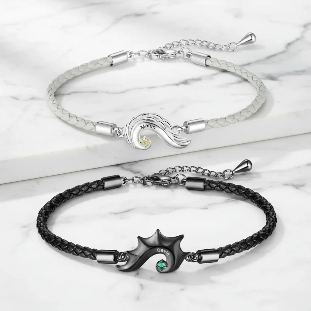 Personalized Half Heart Couple Bracelets | Custom Engraved Name Matching Set with Birthstones