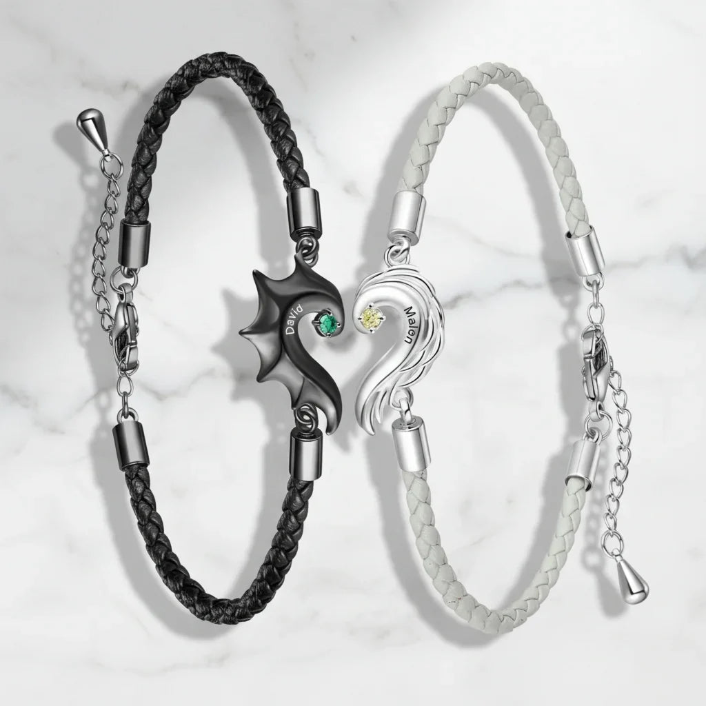 Personalized Half Heart Couple Bracelets | Custom Engraved Name Matching Set with Birthstones