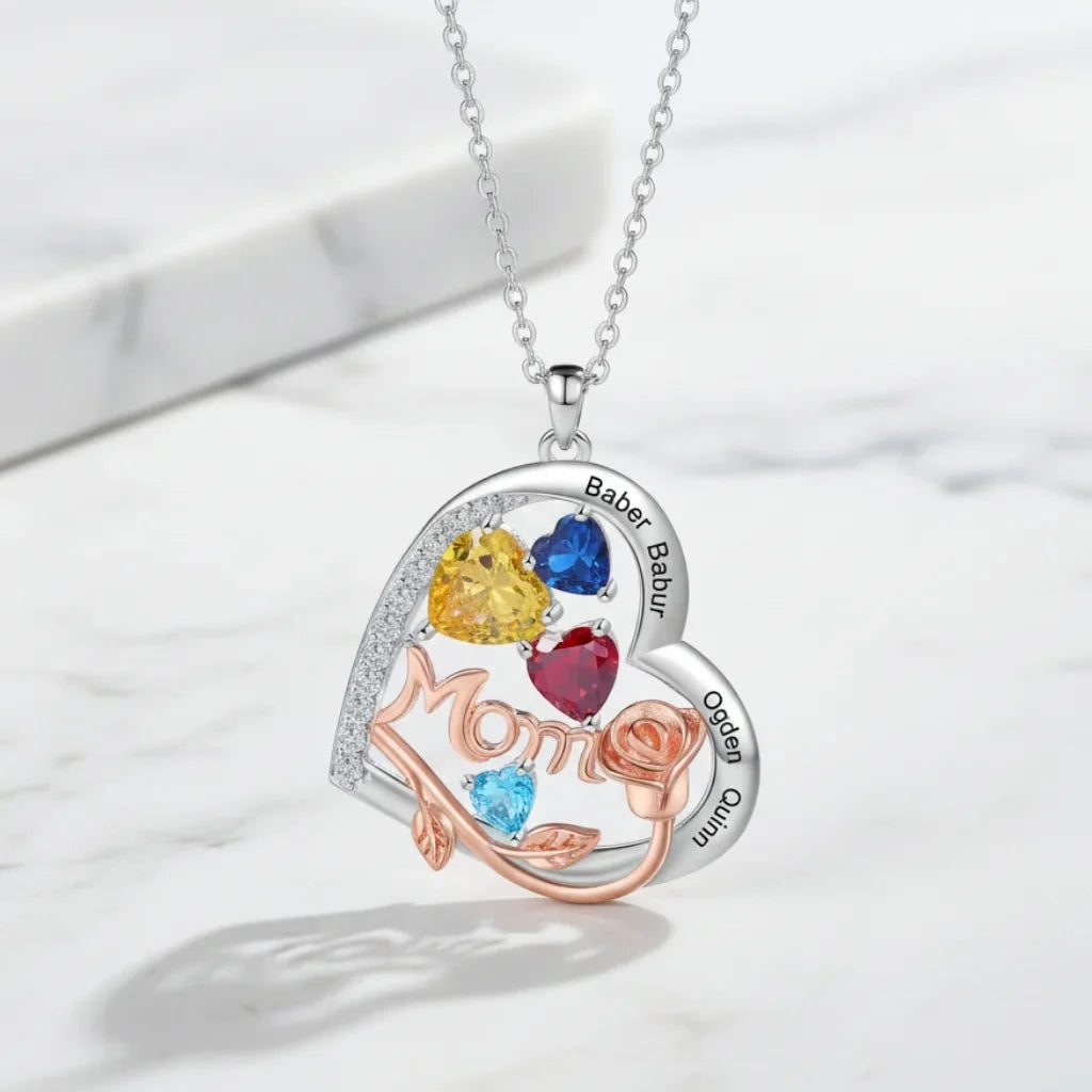 Personalized Heart-Shaped Mom Necklace with Birthstones and Engraved Names