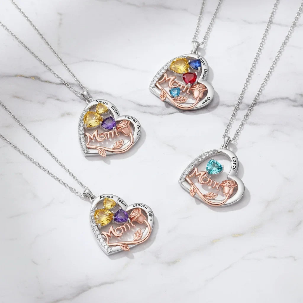 Personalized Heart-Shaped Mom Necklace with Birthstones and Engraved Names