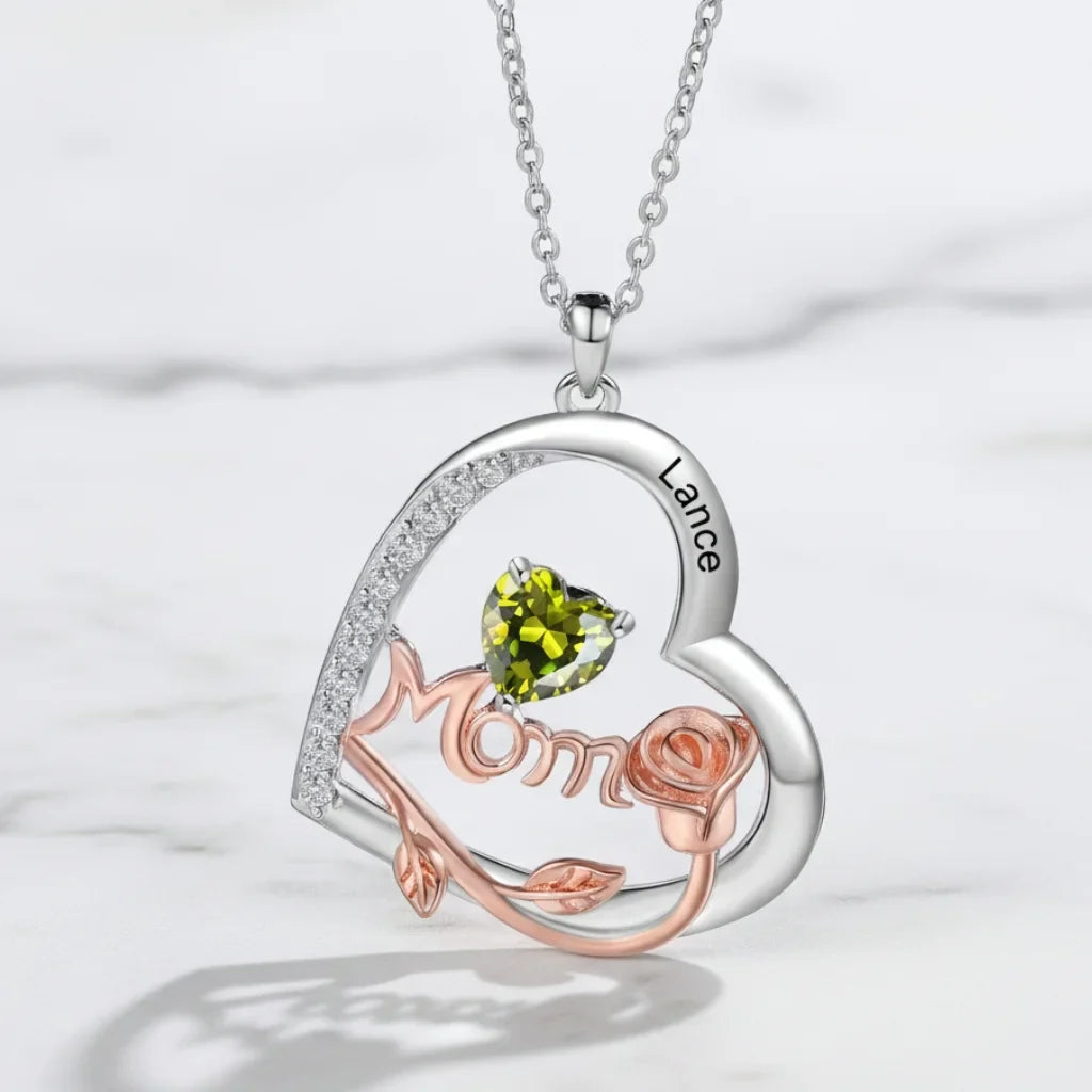 Personalized Heart-Shaped Mom Necklace with Birthstones and Engraved Names