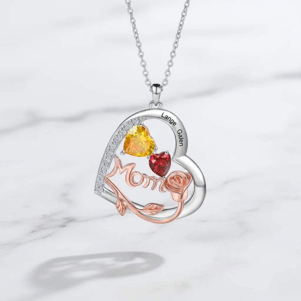 Personalized Heart-Shaped Mom Necklace with Birthstones and Engraved Names