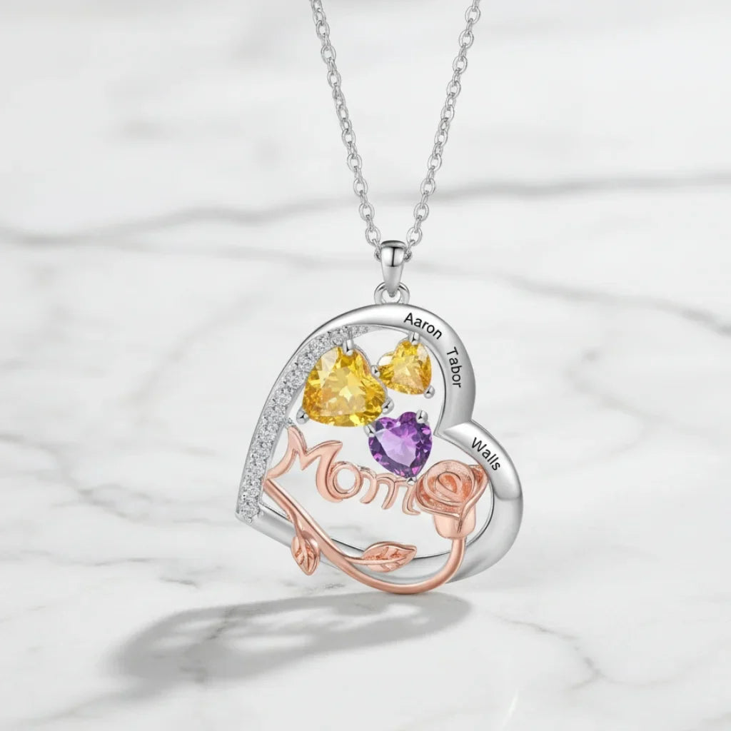 Personalized Heart-Shaped Mom Necklace with Birthstones and Engraved Names