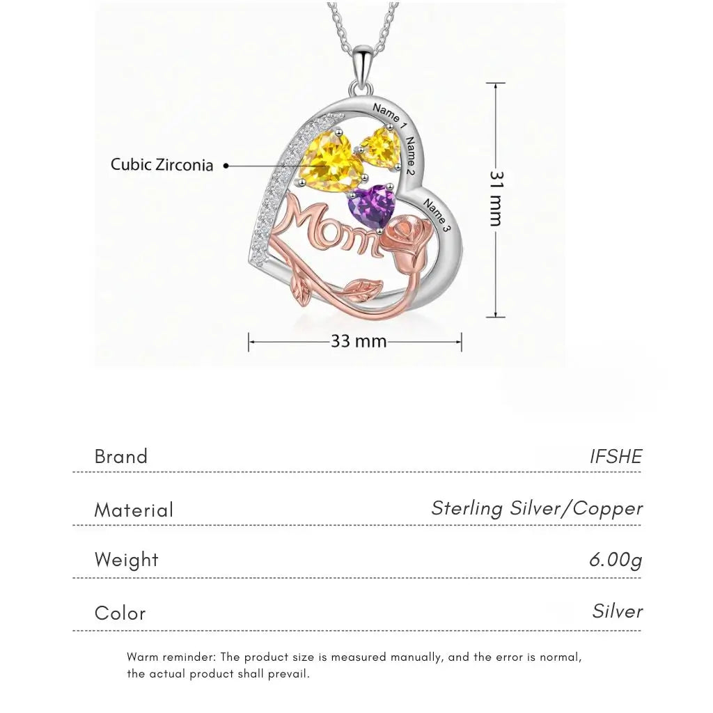 Personalized Heart-Shaped Mom Necklace with Birthstones and Engraved Names