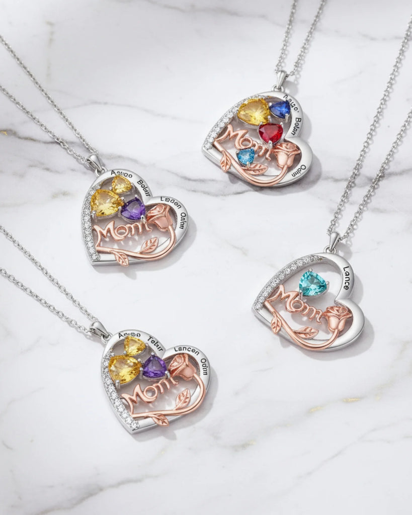 Personalized Heart-Shaped Mom Necklace with Birthstones and Engraved Names IfShe Jewelry