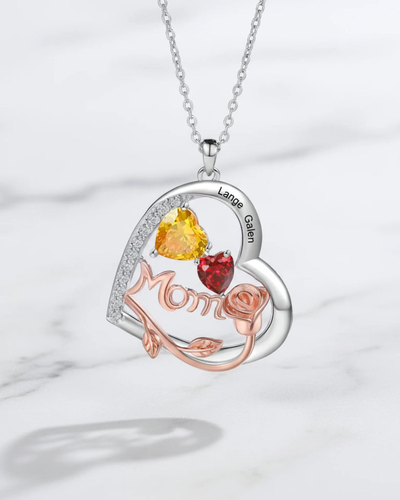 Personalized Heart-Shaped Mom Necklace with Birthstones and Engraved Names IfShe Jewelry