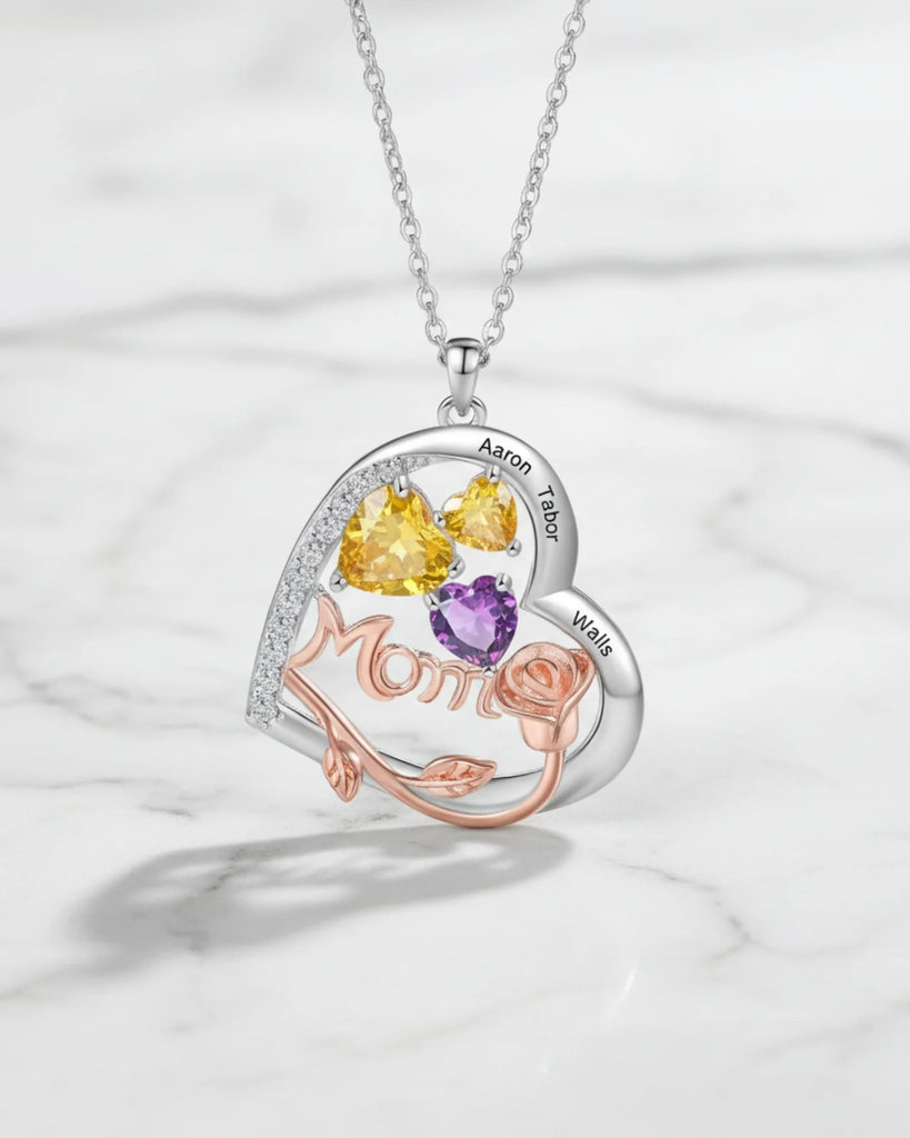 Personalized Heart-Shaped Mom Necklace with Birthstones and Engraved Names IfShe Jewelry