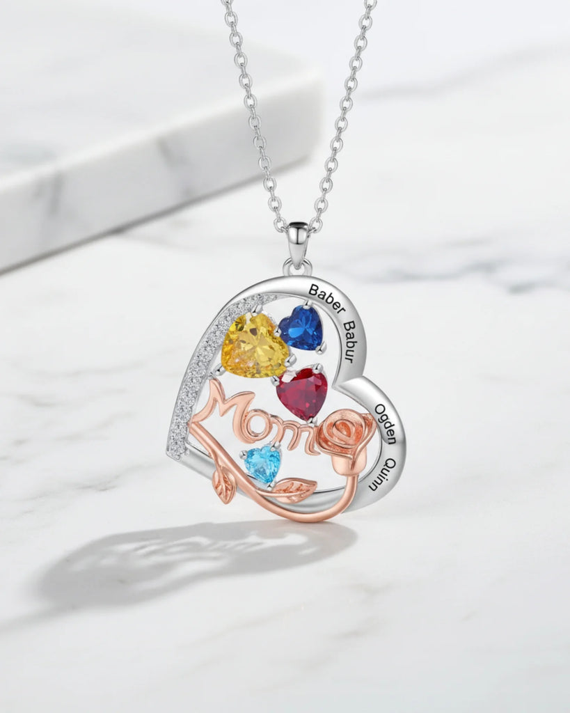 Personalized Heart-Shaped Mom Necklace with Birthstones and Engraved Names IfShe Jewelry