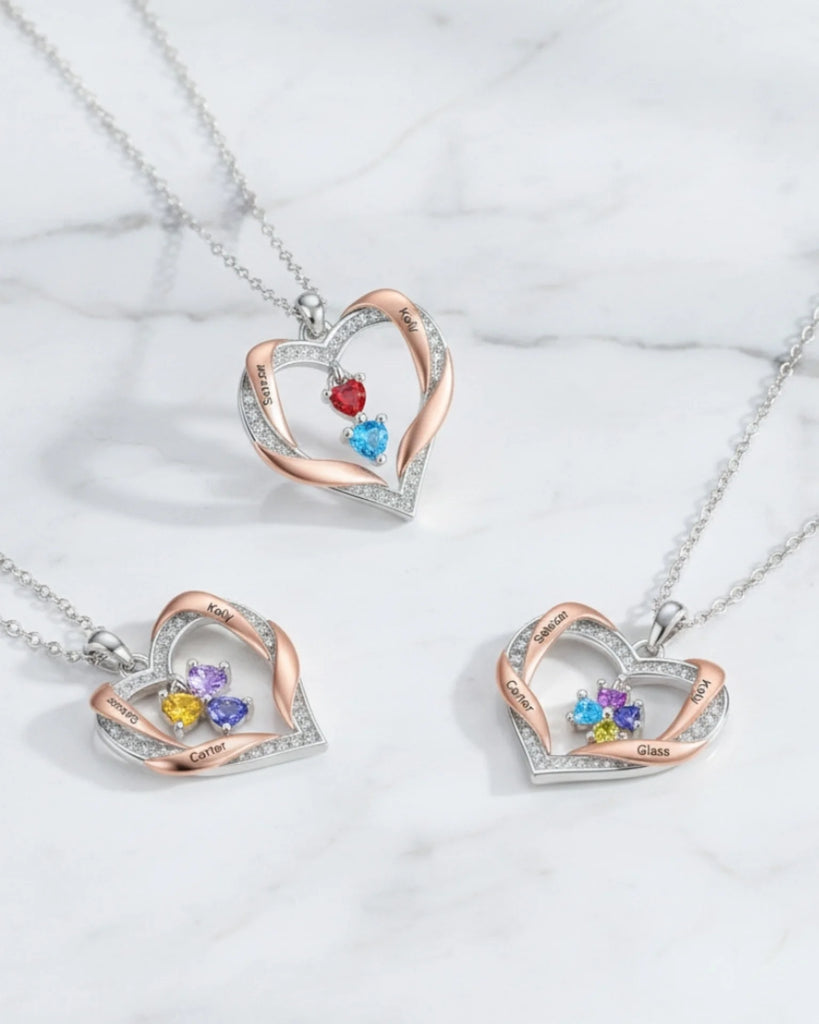 Personalized Heart Birthstone Family Necklace