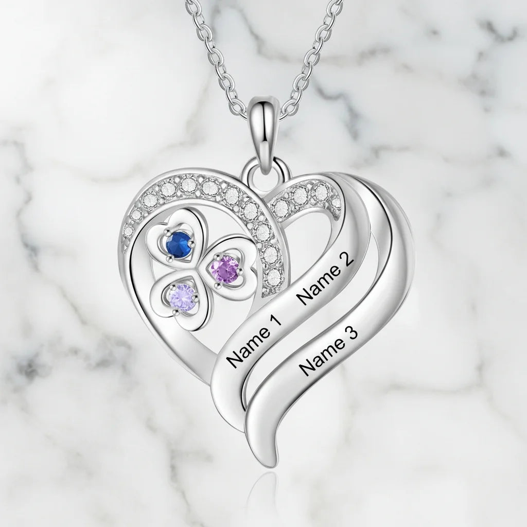 Personalized Heart Clover Necklace with Birthstones – Custom Engraved Names for Family or Mom