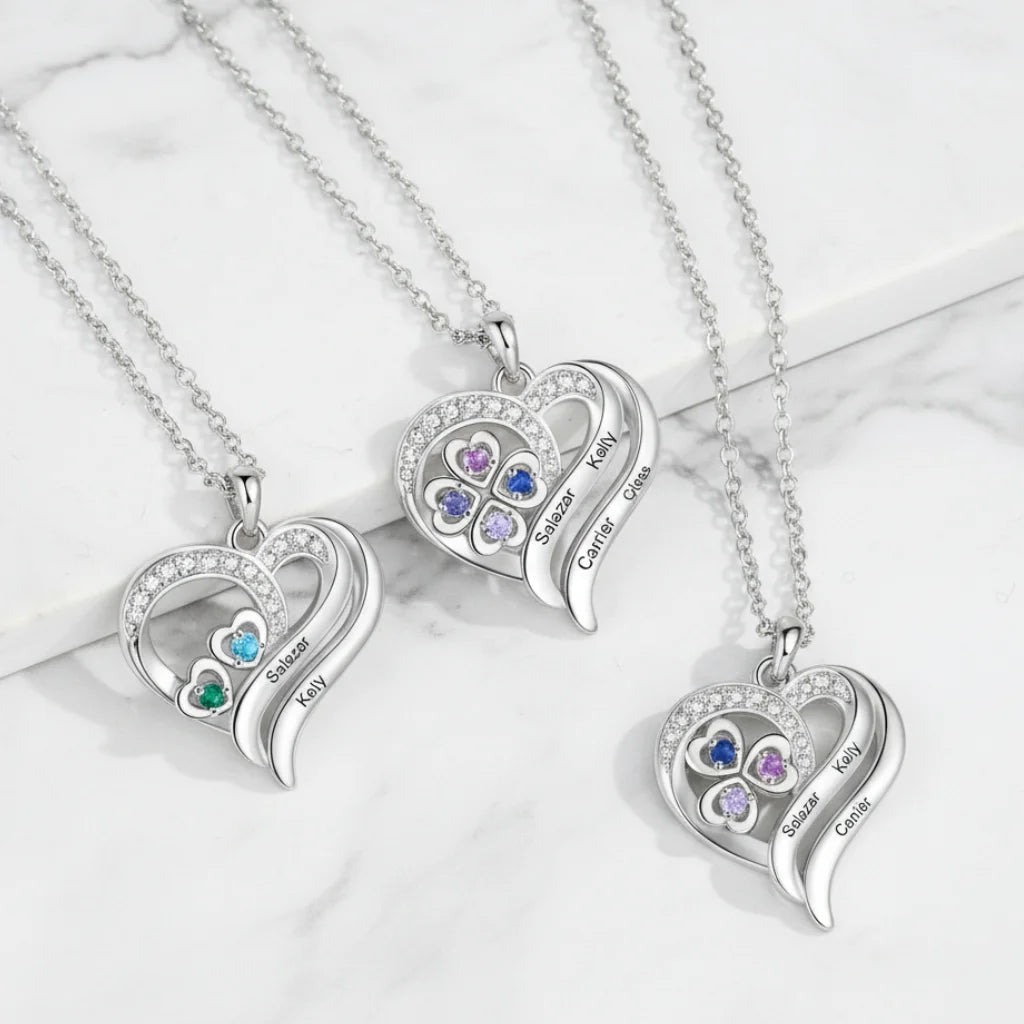 Personalized Heart Clover Necklace with Birthstones – Custom Engraved Names for Family or Mom
