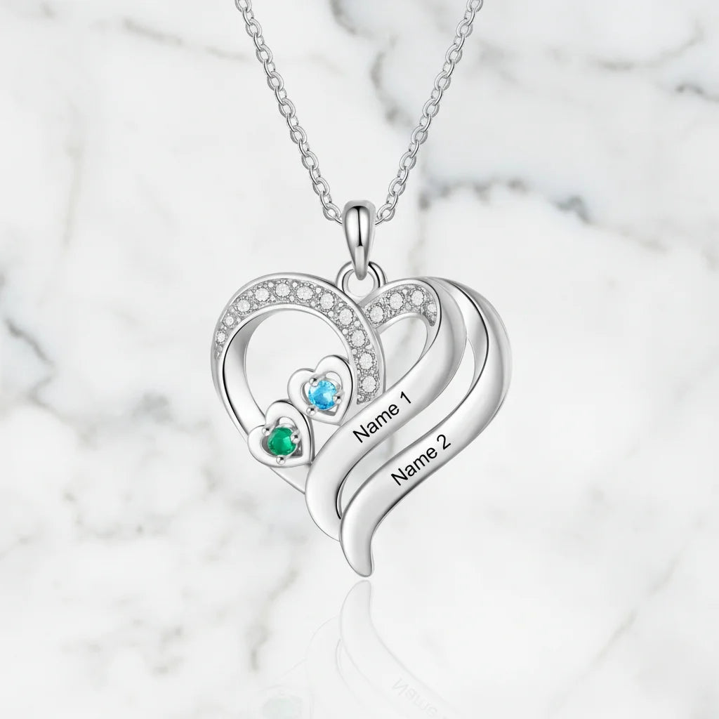 Personalized Heart Clover Necklace with Birthstones – Custom Engraved Names for Family or Mom