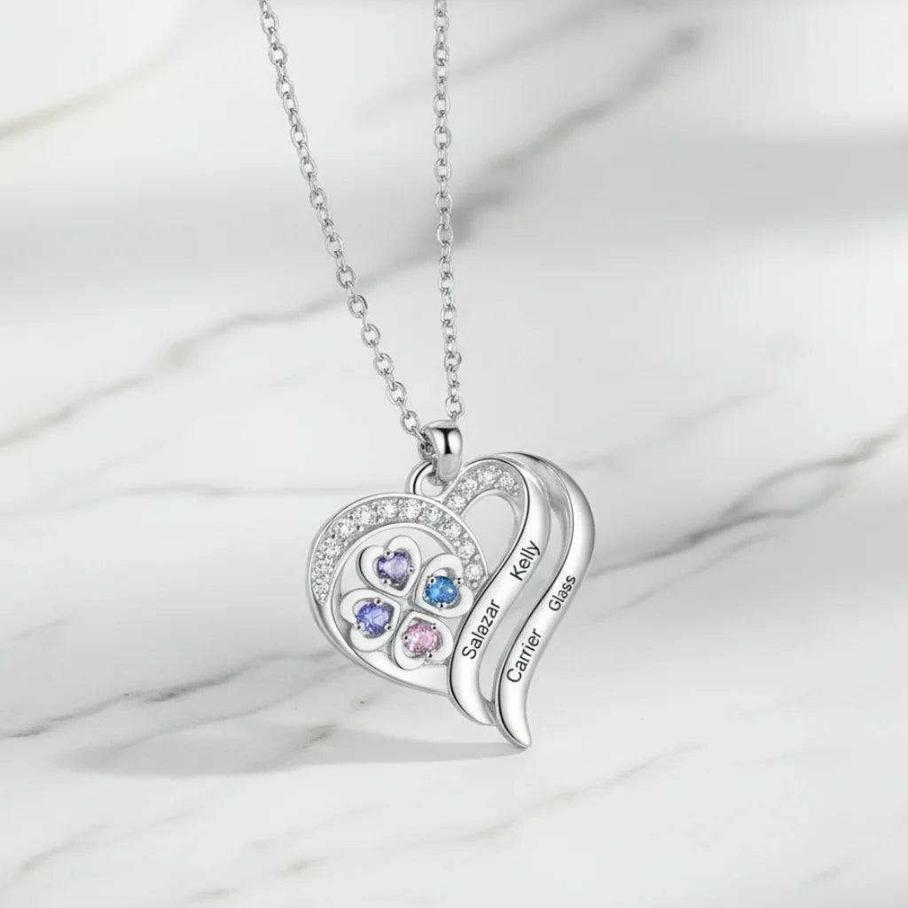 Personalized Heart Clover Necklace with Birthstones – Custom Engraved Names for Family or Mom