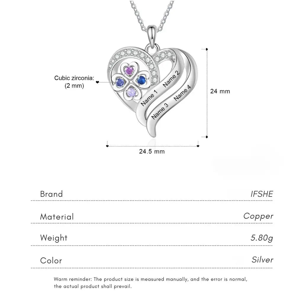 Personalized Heart Clover Necklace with Birthstones – Custom Engraved Names for Family or Mom