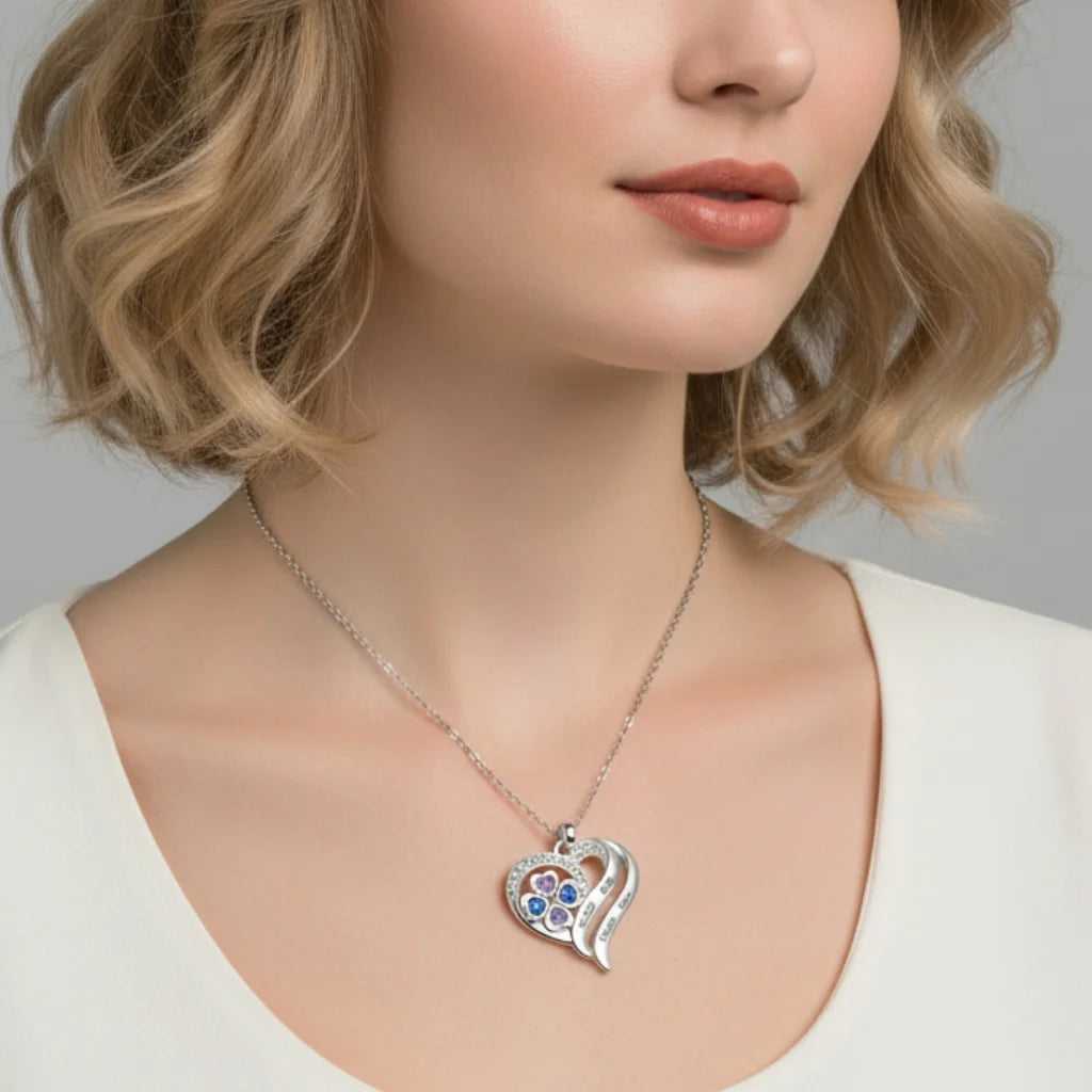 Personalized Heart Clover Necklace with Birthstones – Custom Engraved Names for Family or Mom