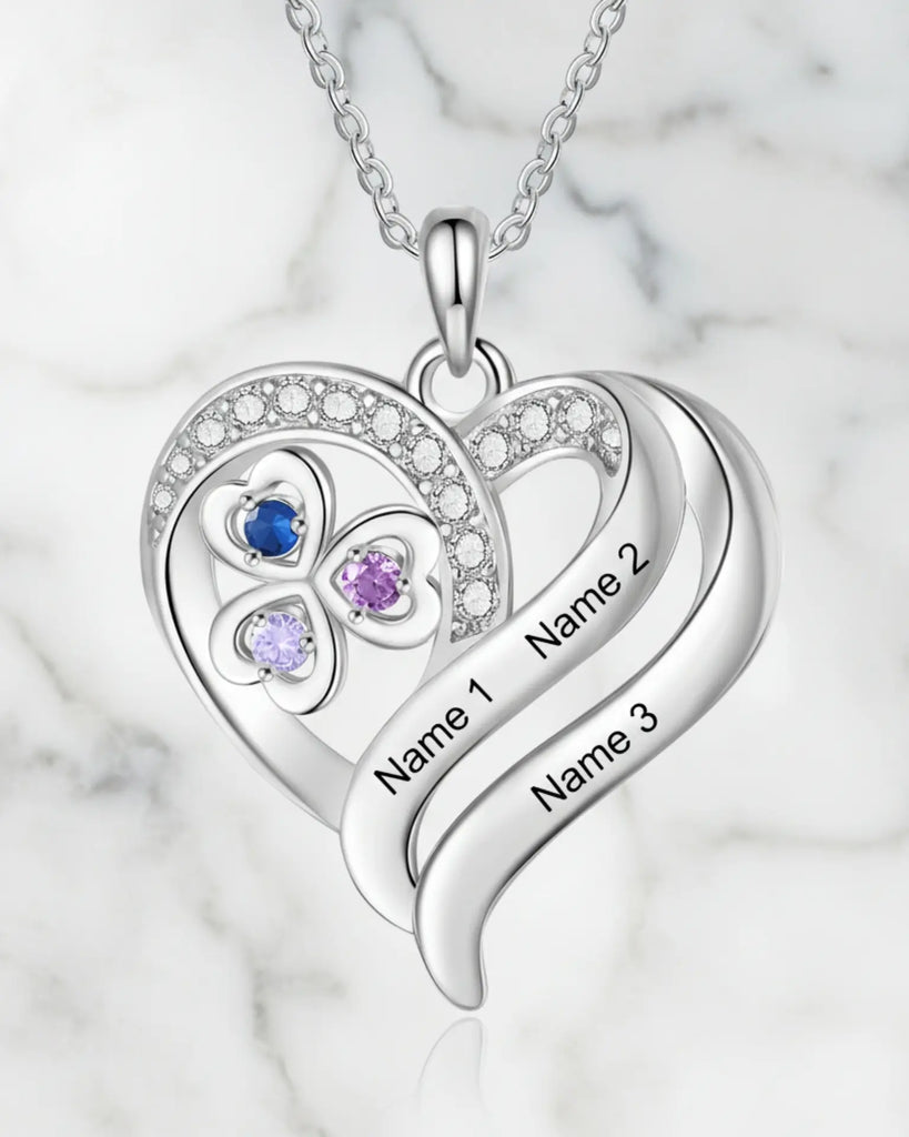 Personalized Heart Clover Necklace with Birthstones – Custom Engraved Names for Family or Mom IfShe Jewelry