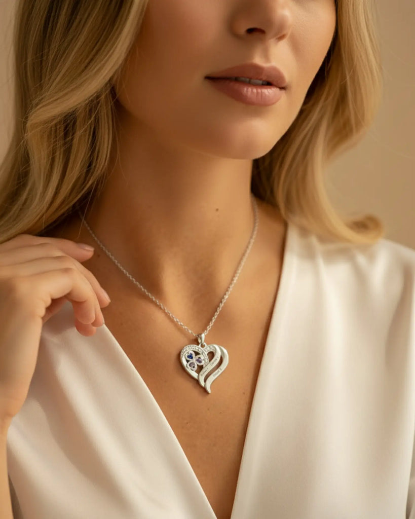 Personalized Heart Clover Necklace with Birthstones – Custom Engraved Names for Family or Mom IfShe Jewelry