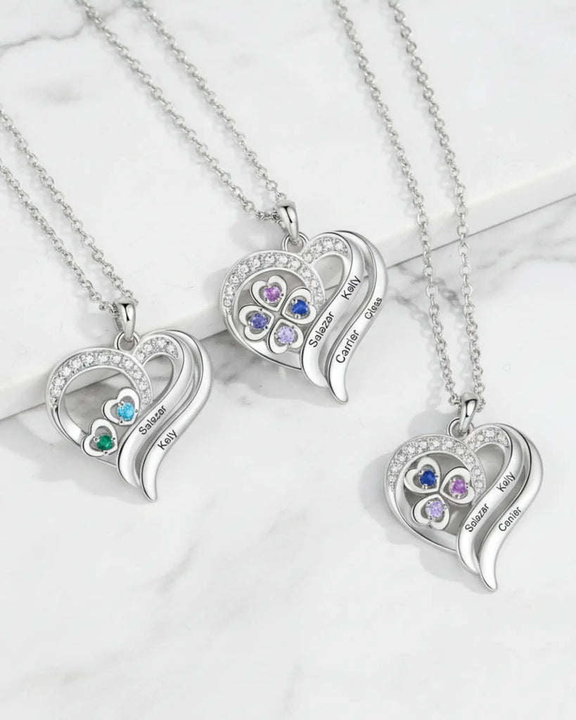 Personalized Heart Clover Necklace with Birthstones – Custom Engraved Names for Family or Mom IfShe Jewelry