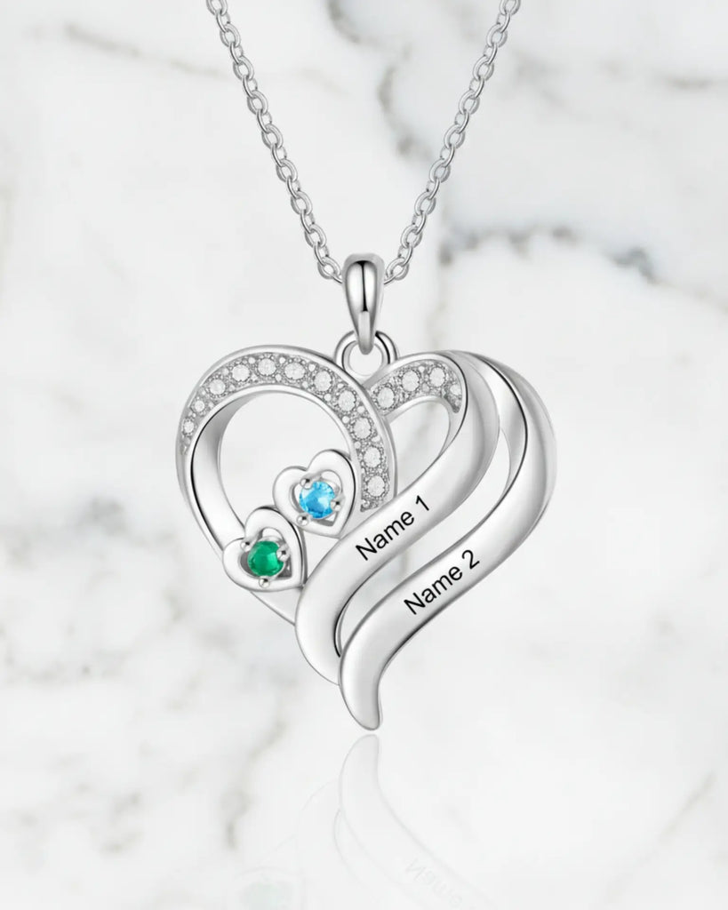 Personalized Heart Clover Necklace with Birthstones – Custom Engraved Names for Family or Mom IfShe Jewelry