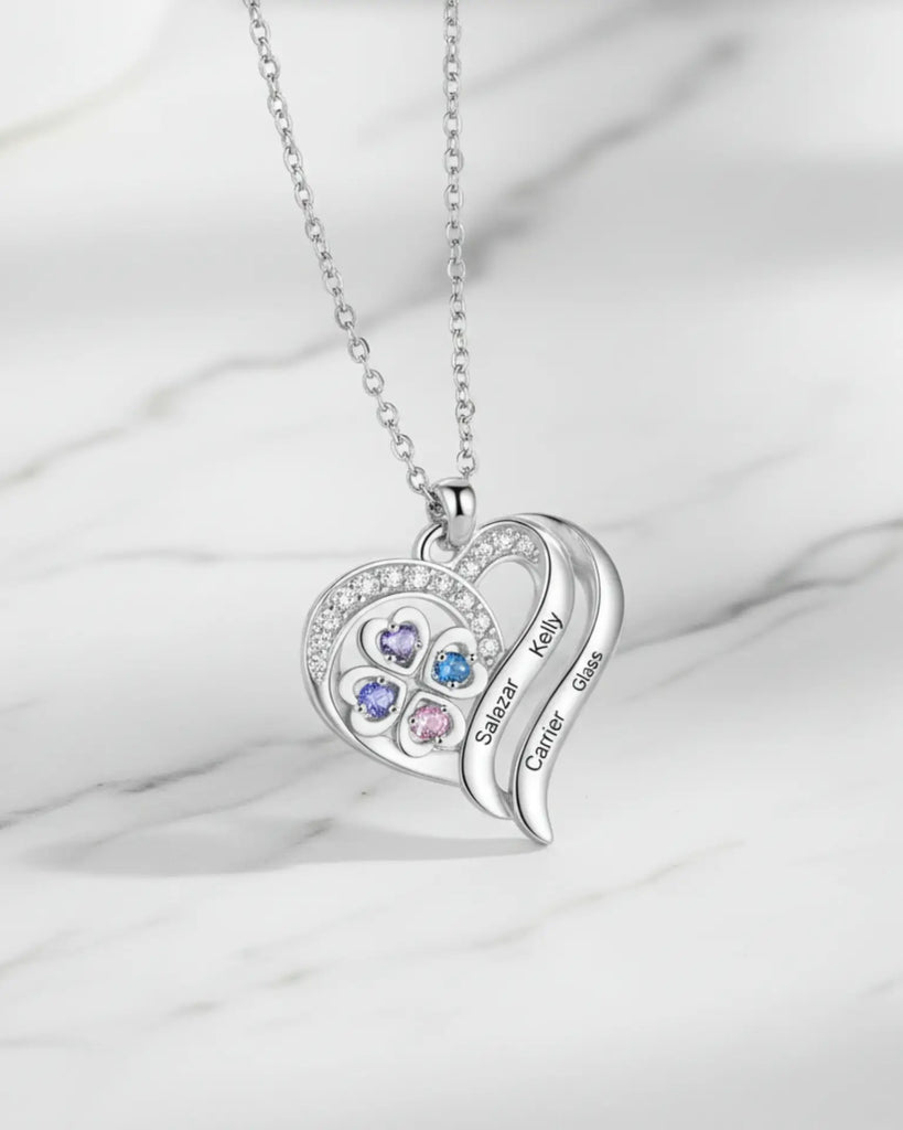 Personalized Heart Clover Necklace with Birthstones – Custom Engraved Names for Family or Mom IfShe Jewelry