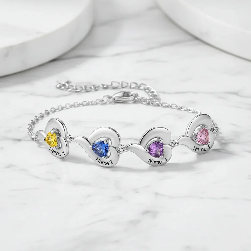 Personalized Heart Link Bracelet with Birthstones & Engraved Names for Family