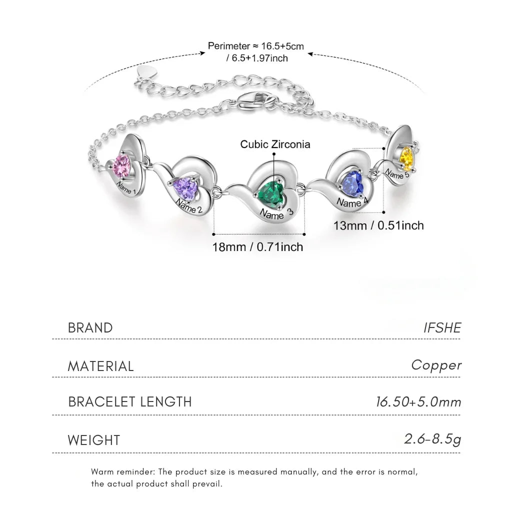 Personalized Heart Link Bracelet with Birthstones & Engraved Names for Family