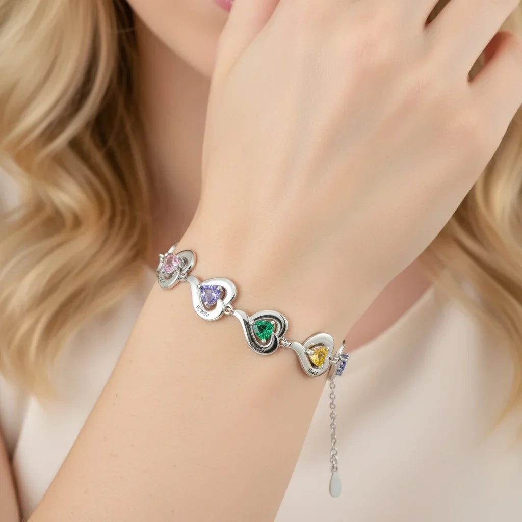 Personalized Heart Link Bracelet with Birthstones & Engraved Names for Family