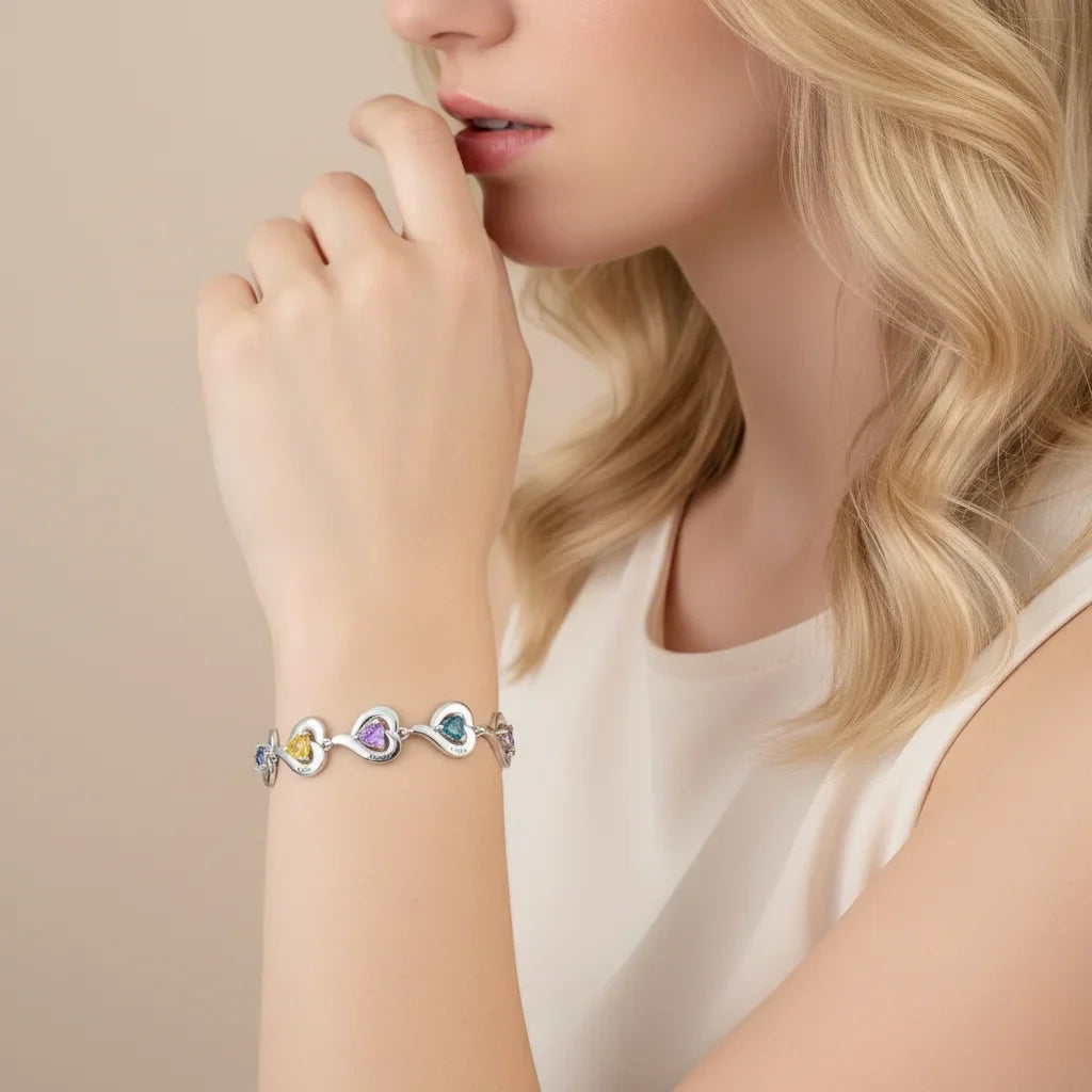 Personalized Heart Link Bracelet with Birthstones & Engraved Names for Family