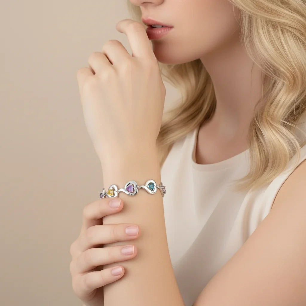 Personalized Heart Link Bracelet with Birthstones & Engraved Names for Family