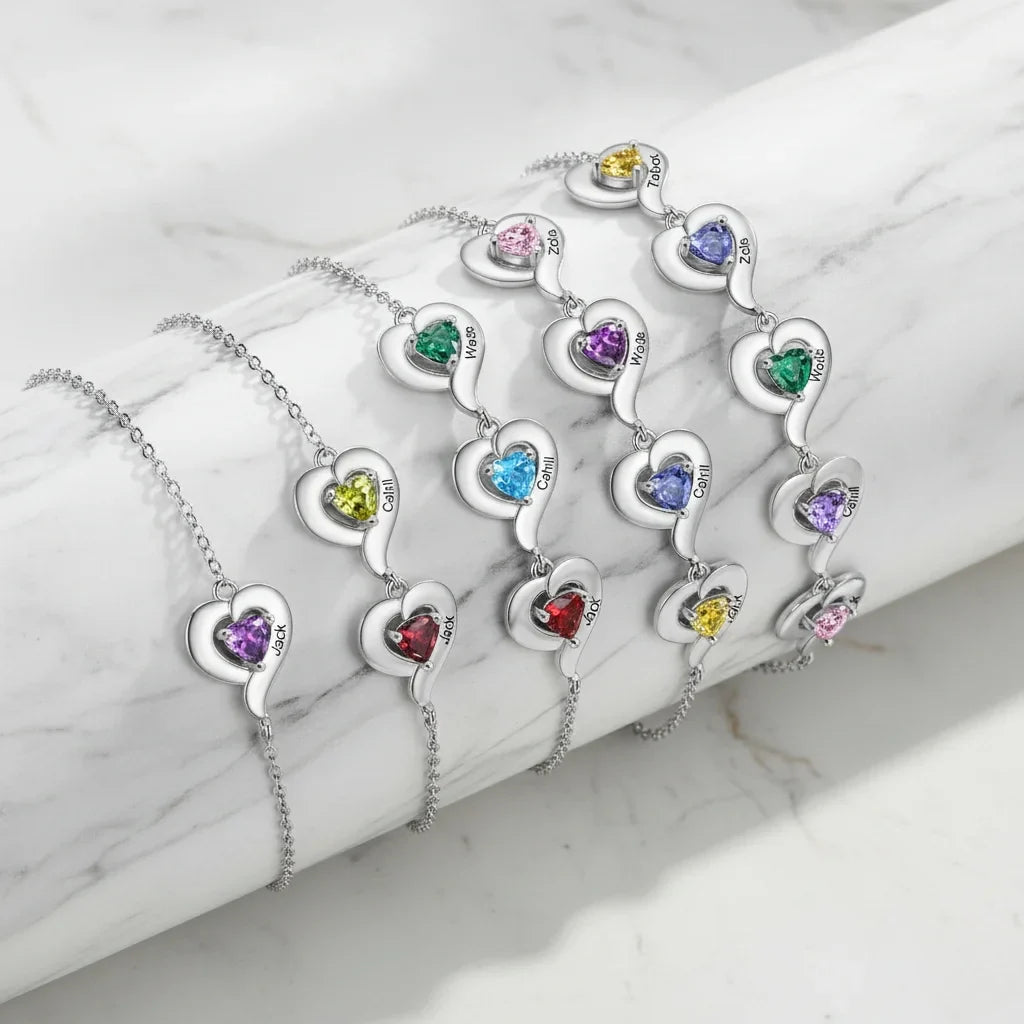 Personalized Heart Link Bracelet with Birthstones & Engraved Names for Family