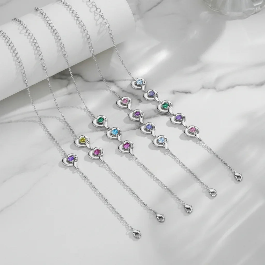 Personalized Heart Link Bracelet with Birthstones & Engraved Names for Family
