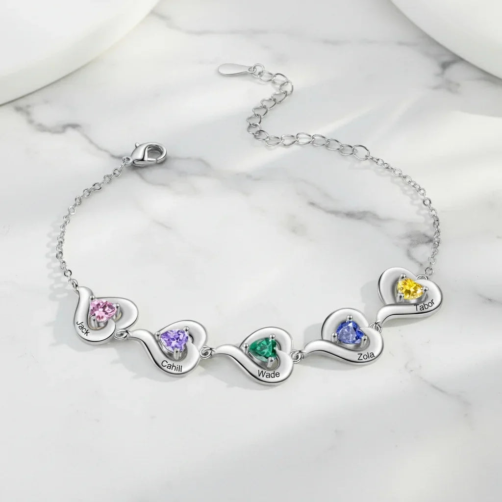 Personalized Heart Link Bracelet with Birthstones & Engraved Names for Family
