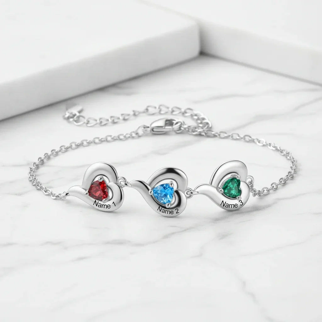 Personalized Heart Link Bracelet with Birthstones & Engraved Names for Family