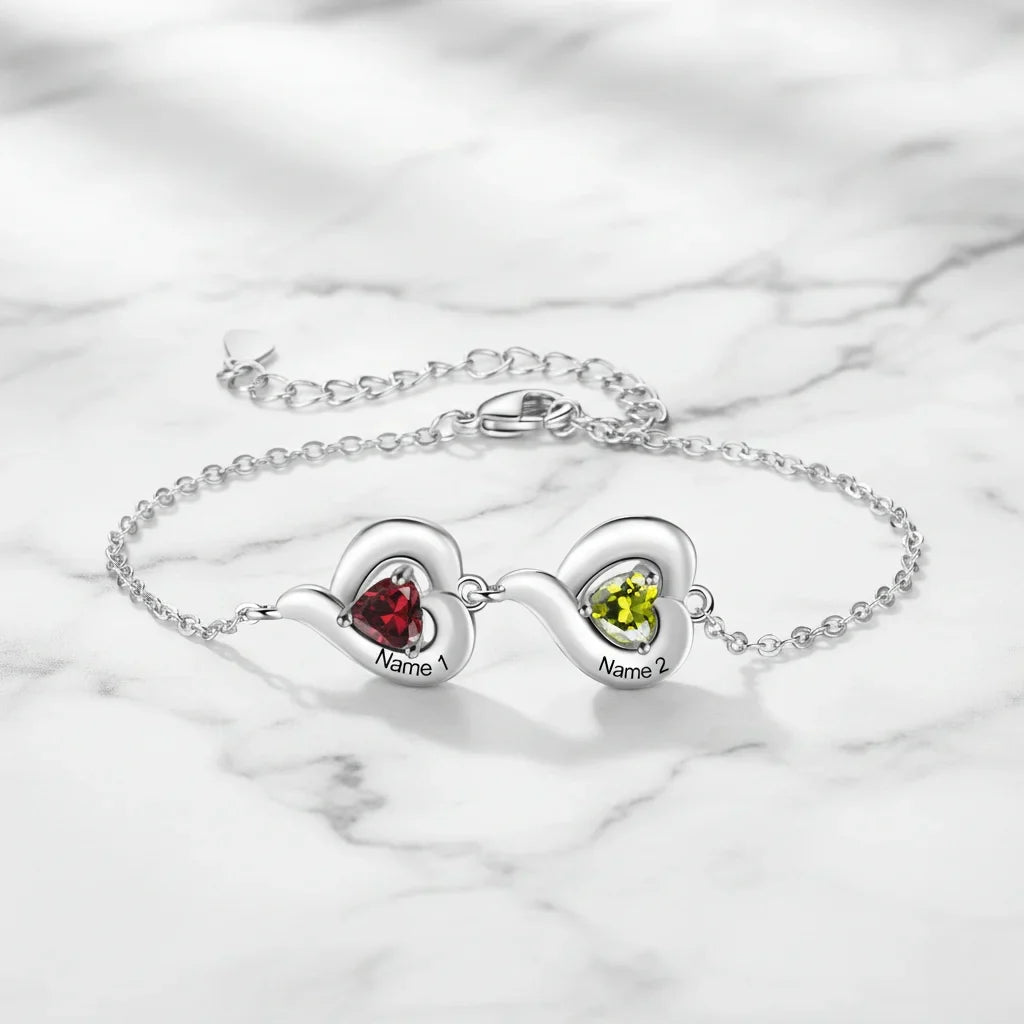 Personalized Heart Link Bracelet with Birthstones & Engraved Names for Family