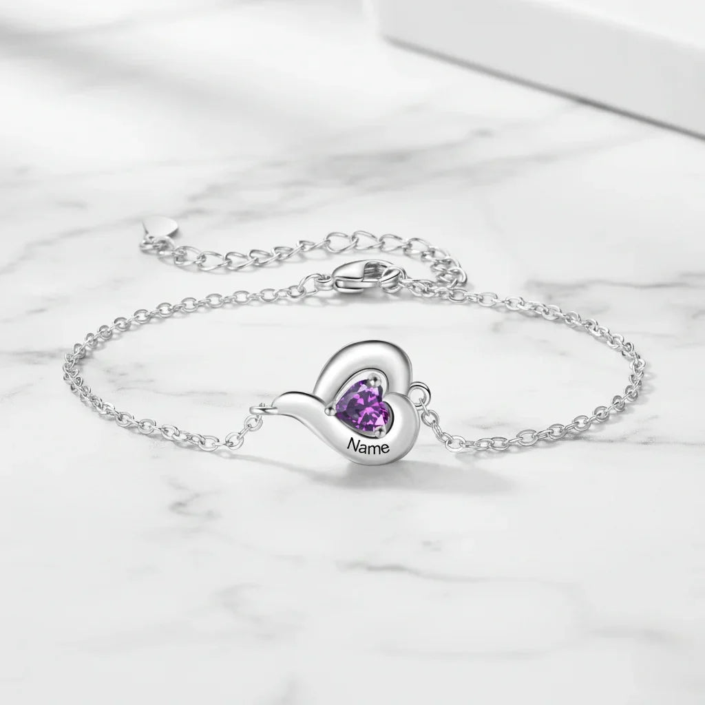 Personalized Heart Link Bracelet with Birthstones & Engraved Names for Family