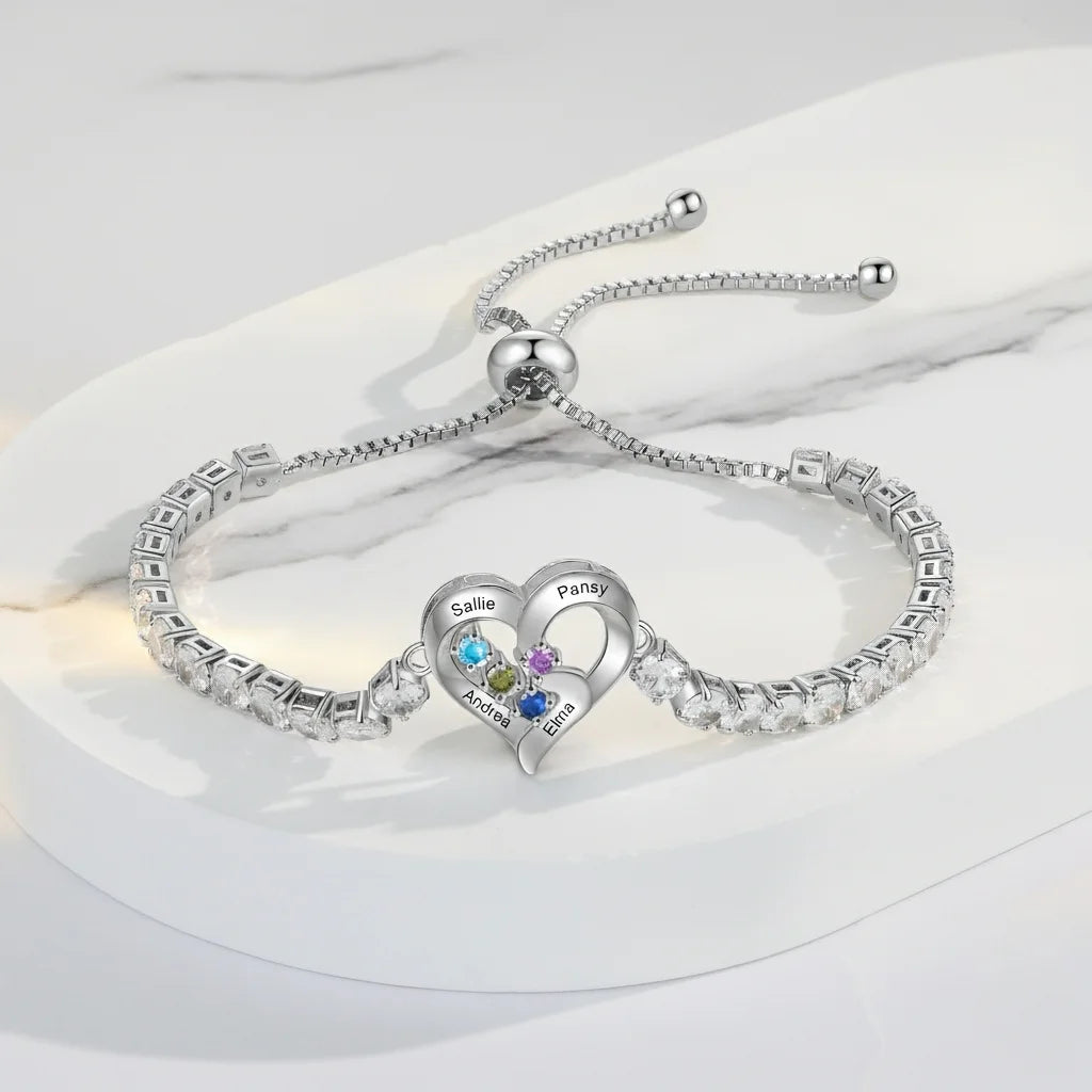 Personalized Heart Name & Birthstone Bracelet for Mom