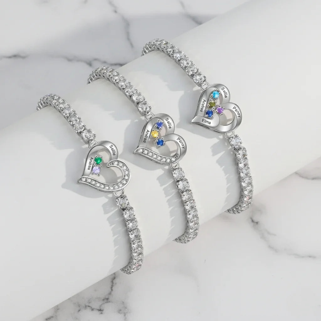 Personalized Heart Name & Birthstone Bracelet for Mom
